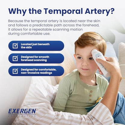 Exergen TAT-2000C+ Temporal Artery Thermometer, White, 9V Included | Thermometer For Adults, Kids, & Newborns | Soft Glow LCD, Silent Mode, 8 Memory Readings
