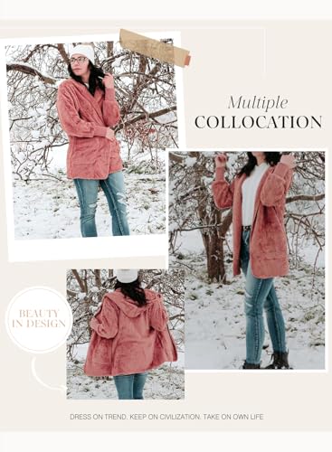 Dokotoo Womens 2025 Winter Long Sleeve Solid Fuzzy Fleece Open Front Hooded Cardigans Jacket Coats Outerwear with Pocket - color: A Pink, size: Medium