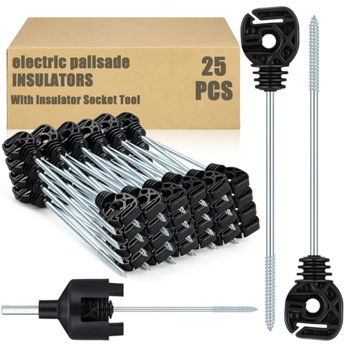 Tandefio 25 Pcs Electric Fence Insulator with Tool, Screw in Long Arm | Black Plastic Wood Post, Galvanized Steel Screw, Long Arm Wire Support, Socket Tool, Agricultural Garden Animal Fence