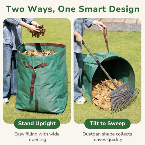 GreatBuddy Leaf Rake and Leaf Bags Combo, Adjustable Metal Garden Rake 29''-72'' 25 Tines, 2 Pack 53 Gallon Reusable Yard Waste Bags, Heavy Duty Lawn Rake with Dustpan Leaf Collector for Yard Cleanup - size: 25 tines & 53 gal 2 packs