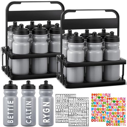 Suclain Squeeze Water Bottles with Carrier, 14 Pcs, Grey | Wide Mouth 20 oz for Team Sports, Squeeze Design Black Lids, Stickers Included, Gym Bike Fitness Cycling Workout - color: Grey