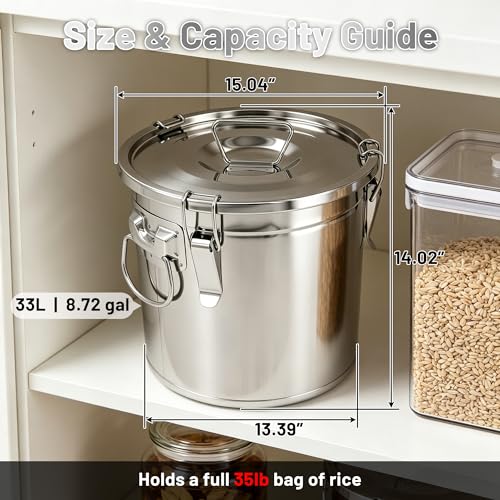 304 Stainless Steel Airtight Food Storage Container with Locking Lid & Clips 8.72gal/33L Large Kitchen Jar for Rice, Flour, Sugar, Grain, Coffee Beans - size: 33L