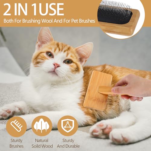 4 PCS Wool Carders, Wooden Hand Carders for Wool, Needle Felting Brush, Slicker Brush with Solid Wood Handle for Craft Felt Project, Dogs, Cat, 2 Sizes