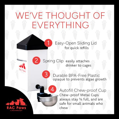 RentACoop No-Drip 32oz Small Animal Drinking Bottle with Auto-Fill Metal Cup for Small Pet/Bunny/Ferret/Hamster/Guinea Pig/Rabbit/Chinchilla/Mouse/Rat. Food Grade Plastic (Pack of 2) - size: 32 Oz (Pack of 2)