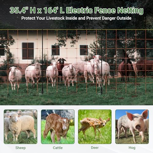 Electric Netting 35.4"H x 164'L | with Posts and Double-Spiked Stakes, Portable Electric Fence Netting for Backyards, Homesteads, Gardens, Farms, and Ranches - size: 35.4"H x 164'L