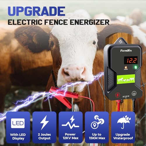 12KV Electric Fence Charger with LED Indicator, 2 Joules Pulse Energy, 10 Miles Range, Prevents Wild Animals Intrusion for Livestock Poultry, Farm Animals, Pets, Ranches, Gardens - color: Grey