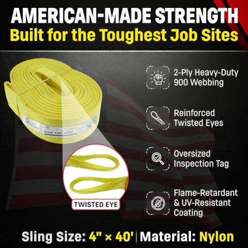 DD Sling 4 Inch x 40 Foot Nylon Lifting Sling – USA Made, 11,500 lb Vertical, 9,200 lb Choker, 23,000 lb Basket – 2-Ply Heavy Duty 900 Webbing, Type 4 Twisted Eye & Eye Rigging Sling - size: 4 in x 40 ft