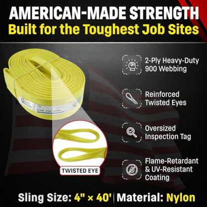 DD Sling 4 Inch x 40 Foot Nylon Lifting Sling – USA Made, 11,500 lb Vertical, 9,200 lb Choker, 23,000 lb Basket – 2-Ply Heavy Duty 900 Webbing, Type 4 Twisted Eye & Eye Rigging Sling - size: 4 in x 40 ft