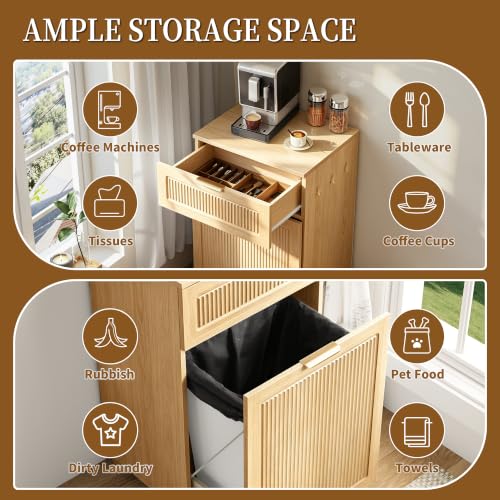 Freestanding Pull Out Trash Can Cabinet with Drawer & Side Hooks,Pet Proof Hidden Waste Bin Storage Cabinet Fits 7 10 13 Gallon Trash Cans for Kitchen Laundry Room Bathroom (Trash Can Cabinet - Oak) - color: Trash Can Cabinet - Oak