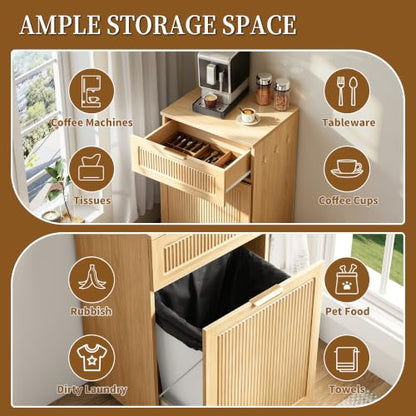 Freestanding Pull Out Trash Can Cabinet with Drawer & Side Hooks,Pet Proof Hidden Waste Bin Storage Cabinet Fits 7 10 13 Gallon Trash Cans for Kitchen Laundry Room Bathroom (Trash Can Cabinet - Oak) - color: Trash Can Cabinet - Oak