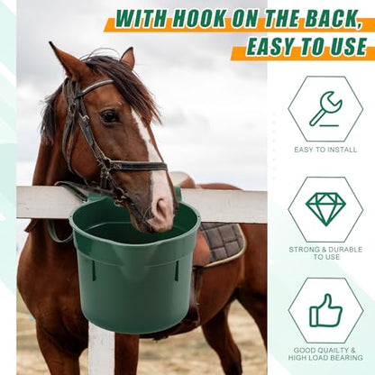 Reallnaive 4 Pcs 8.5 Quart Hook Over Horse Feed Bucket, Hanging Plastic Livestock Animals Feed Bucket for Stall, Mountable Round Horse Goats Feeder for Feeding and Watering Supplies