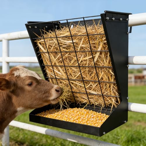 2 in 1 Wall Mount Hay and Grain Feeder, 25 Gallons Livestock Feeder