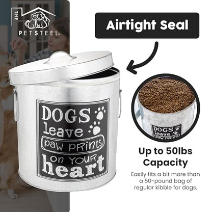 Silver Large Rustic Up to 50lb Pet Food Storage Container. Farmhouse and Rustic Look. Large Canister with Scoop. No More Plastic Containers