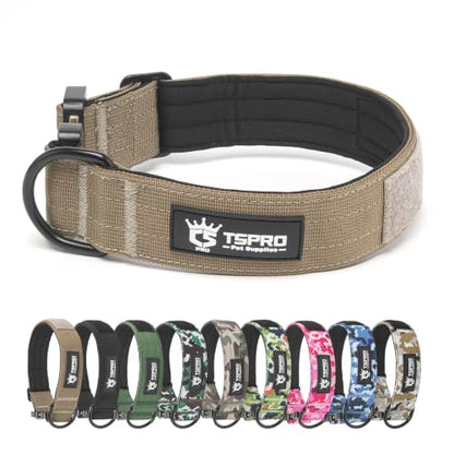 TSPRO Heavy Duty Tactical Dog Collar Quick Release Metal Buckle with Patch | Premium Dog Collar, Military Nylon, 1.5” Wide, Soft Padded, Thick, Personalized, Adjustable for Medium & Large Dogs (Khaki L) - color: Basic Khaki, size: L, Patch Style, Neck 18.