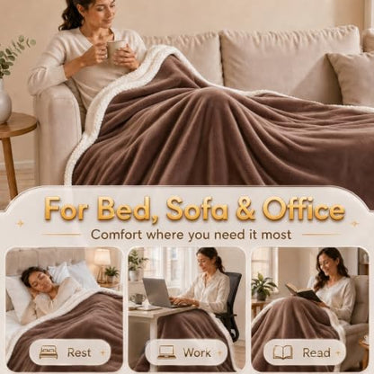 Heated Blanket Electric Throw Size 50''x60'' with 9 Heating Levels, 1-10 Hour Auto Shut Off, Machine Washable, Flannel & Sherpa Double-Sided Soft Warming Blanket for Couch, Bed, Office - Brown - color: 06-brown, size: 50''x60''(Throw)