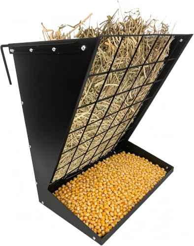 Wall Mounted Hay Rack, 2 in 1 Hay & Grain Livestock Feeder - color: Black