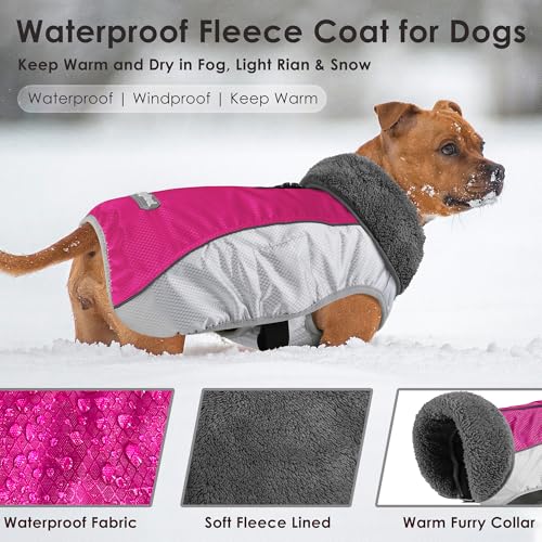 Petglad Dog Coat, Waterproof Ripstop Dog Winter Jacket with Leash Hole, Reflective Adjustable Warm Pet Fleece Snow Sweater for Small Medium Large Dogs - Rosy Red, XL - color: Rosy Red, size: XL