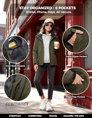 wantdo Women's Waterproof Ski Jacket Warm Fleece Lined Snow Winter Coat | 10000mm Waterproof Snowboard Jacket for Skiing, Hiking, Commute, Removable Hood, 6 Pocket, Windproof Warm -10°F to 50°F - color: Army Green, size: Medium