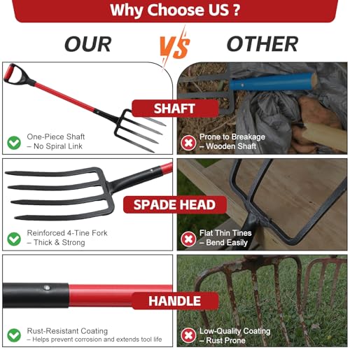 47IN Garden Pitchfork, One-piece Design 4-Tine Garden Fork Heavy Duty Digging Manure Forks for Potato Digging Mulch Spreading Loosening Soil Hay Compost Aeration Transplanting Farm Garden