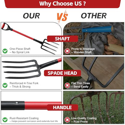 47IN Garden Pitchfork, One-piece Design 4-Tine Garden Fork Heavy Duty Digging Manure Forks for Potato Digging Mulch Spreading Loosening Soil Hay Compost Aeration Transplanting Farm Garden