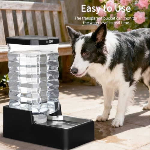 RIZZARI 9L Automatic Dog Water Dispenser: Stainless Steel Bowl - color: Black with Lid, size: 9L