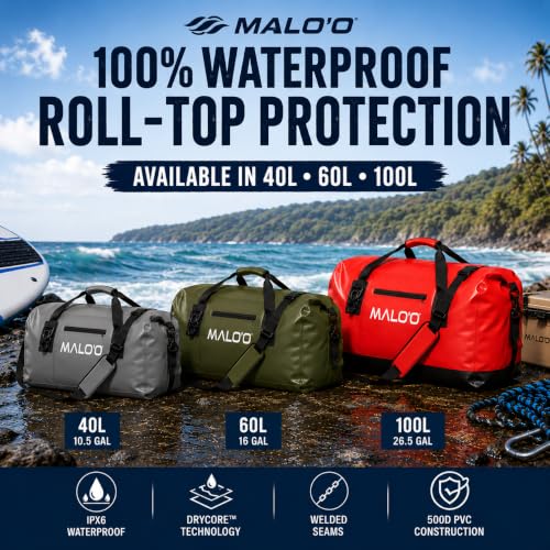 Malo’o Waterproof Dry Duffel, Heavy-Duty Roll Top Waterproof Gear Bag with Shoulder Strap & Molle Loops, Marine Duffel for Kayaking, Boating, Camping, Beach & Travel, Grey, 60L - color: Grey, size: 60L