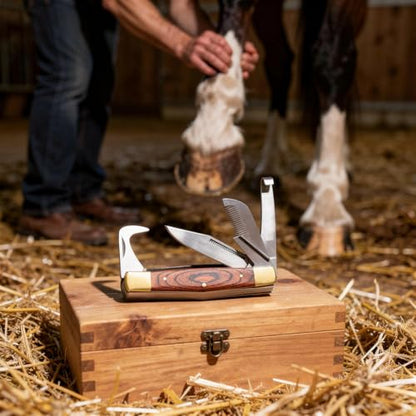 Rite Edge Horse Hoof Care Multitool – Folding Hoof Pick & Equestrian Grooming Tool for Horses and Livestock, Stainless Steel Hoof Cleaning Tool, Wood Handle, Nylon Sheath, Farrier Hoof Care Tool