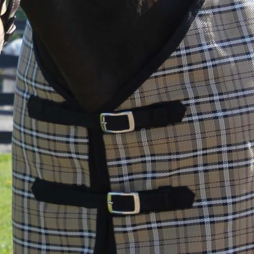 Country Pride Textilene Fly Sheet for Horses, Durable Breathable Mesh, Adjustable Double Buckle Front, Elastic Hind Leg Straps, Bias Surcingles, Black/Tan Plaid (86 in) - size: 86 in