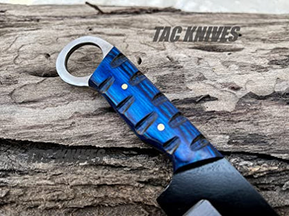 TAC KNIVES 7'' Full Tang Fixed Blade Outdoor Camping Hunting Knife In Sheath Gift For Him | 1095 High Carbon Steel Knife | SKINNER Gift | Cowboy knives | Pancake leather sheath (BLUE) - color: BLUE