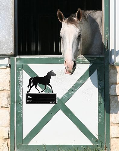 QWORK Horse Stall Name Plate, 2 Pack Heavy Duty Steel Horse Stall Plague, Horse Stall Personalized Signs, All Weather UV Protected, Black