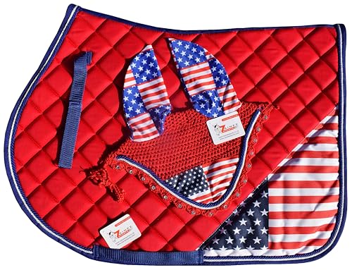 USA Flag Saddle Pad Set with Matching Ear Bonnet – Print Horse Riding Gear – Non-Slip/Breathable – Western/English Show - size: Cob