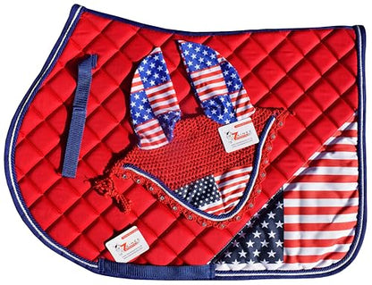 USA Flag Saddle Pad Set with Matching Ear Bonnet – Print Horse Riding Gear – Non-Slip/Breathable – Western/English Show - size: Cob