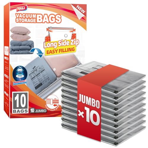 TAILI 10 Pack Vacuum Storage Bags, Jumbo LONG SIDE ZIP(39x28 inch), Clear - size: 10 Jumbo