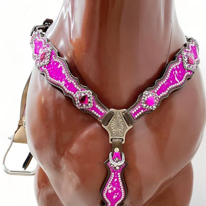 Western One Ear Leather Headstall and Breast Collar Tack Set with Rhinestones, Pink Silver Metallic Acid Wash Cowhide Look, Full Average Size Horse