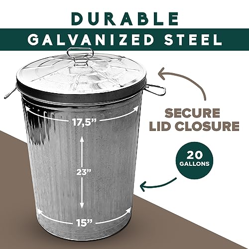 Plexon 20 Gallon Metal Trash Can with Lid Outdoor Large Trash Bin Galvanized Steel Garbage Can for Farm Garage Patio Ash Bucket Bird Seed Storage Can Heavy Duty Round Container Silver