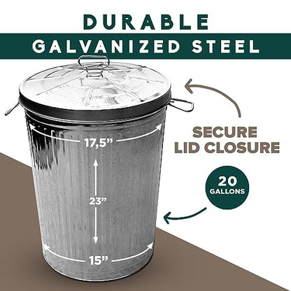 Plexon 20 Gallon Metal Trash Can with Lid Outdoor Large Trash Bin Galvanized Steel Garbage Can for Farm Garage Patio Ash Bucket Bird Seed Storage Can Heavy Duty Round Container Silver