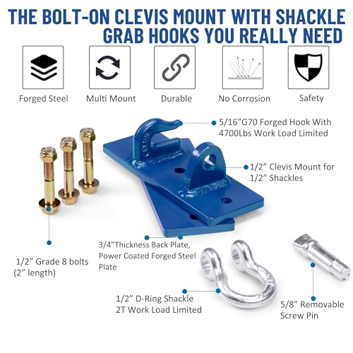 Tractor Bucket Hooks, Bolt On Clevis Mount with 1/2” Shackle, 5/16”Grab Hooks G70 Steel, Shackles Mount with Backer Plate, Heavy Duty Tow Hook for SUV RV UTV Tractors Bucket(Blue) - color: Blue