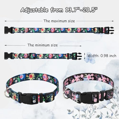 2 Pack Goat Collars with Bells, Pink/Black Floral Adjustable Set - color: Pink Printing + Yellow Printing