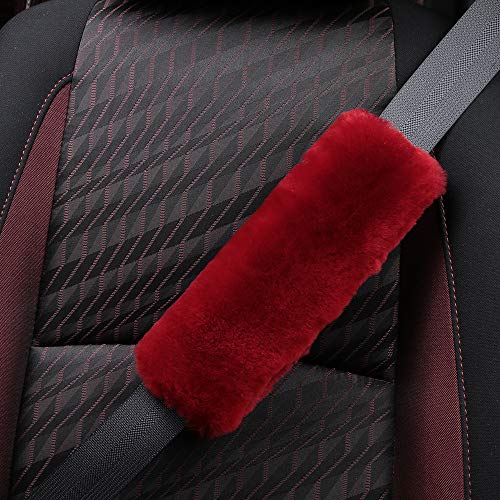 2 Pack Red Sheepskin Car Seat Belt Cover Pads | Soft Wool Seatbelt Cushions - color: Claret, size: Shearling Wool