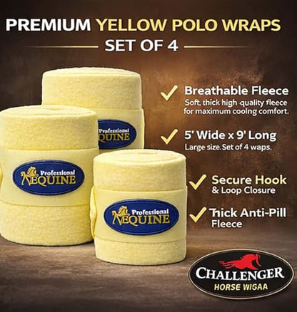 CHALLENGER 10ft Horse Grooming Leg Polo Wrap Set of 4 Soft Fleece 95R - color: Yellow
