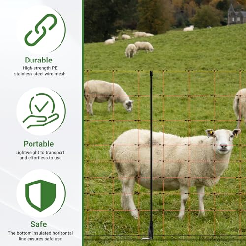 Electric Netting 35.4"H x 164'L | with Posts and Double-Spiked Stakes, Portable Electric Fence Netting for Backyards, Homesteads, Gardens, Farms, and Ranches - size: 35.4"H x 164'L