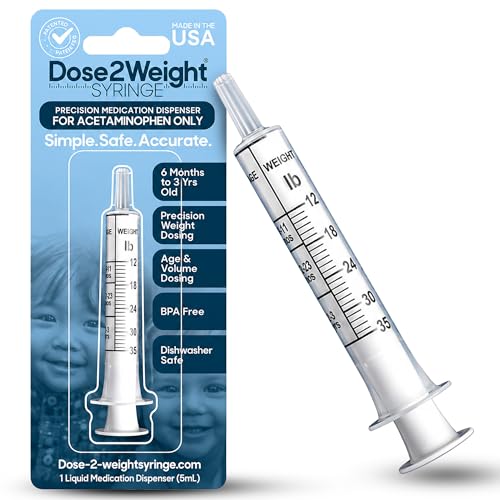 DOSE-2-WEIGHT 5mL Oral Syringe, Precision Dosing Dispenser for Infants Acetaminophen (160mg/mL), for Children Under 3 Yrs Old, Patented, Made in America