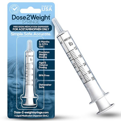 DOSE-2-WEIGHT 5mL Oral Syringe, Precision Dosing Dispenser for Infants Acetaminophen (160mg/mL), for Children Under 3 Yrs Old, Patented, Made in America