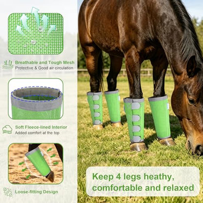 Reflective Horse Fly Boots Set of 4, Breathable Adjustable Equine Fly Leg Wraps for Horses, Universal Fit Loose Fitting Leggings with Stay Put Design (Green) - color: Green