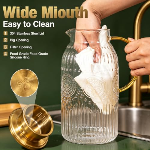 Amzcku Glass Pitcher with Lid 68oz 2L Vintage Water Carafe Beverage 1Pack - size: 68 Ounces (1 Pack)