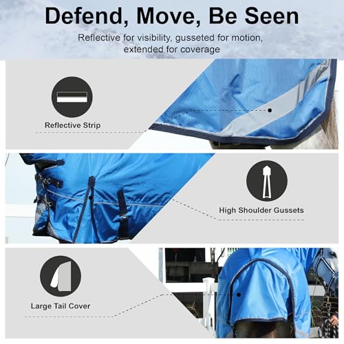 1680D Heavyweight Horse Blanket with 300g Insulation in Body and Hood, Full Neck Combo, Waterproof Breathable Insulated Winter Turnout Blanket Cyanblue 78 - size: 78"
