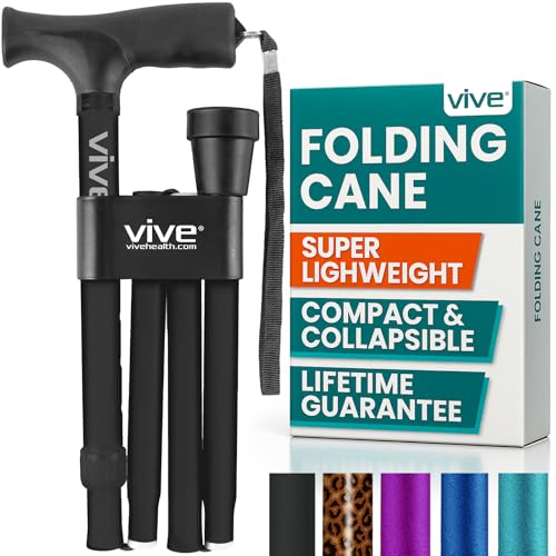 Vive Folding Cane - Foldable Walking Cane for Men, Women - Fold-up, Collapsible, Lightweight, Adjustable, Portable Hand Walking Stick - Balancing Mobility Aid - Sleek, Comfortable - color: Black