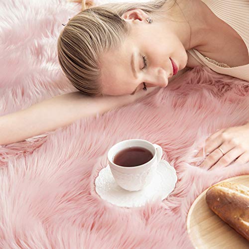Ashler Faux Fur Rug, Pink Fluffy Shaggy Area Rug, Soft 3x3 Ft Round Sheepskin, Fuzzy Machine Washable Carpet, Nursery Rug for Kids Bedroom, Living Room - color: C-pink, size: 3' (Round)