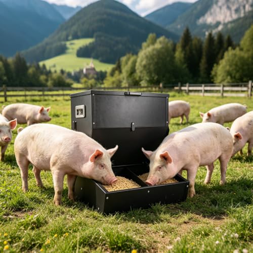 New Upgrade Hog Feeder, Heavy Duty Galvanized Steel Pig Feeder, Multipurpose Livestock Trough - 3.2 Bushels Capacity, Outdoor Pig Feeders with Visible Feed for Feeding up to 7 Hogs (2 Door)