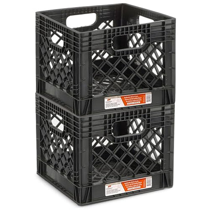 Juggernaut Storage 2-Pack Stackable Heavy Duty Milk Crates, Handles, 16 Qt | Organizing Plastic Crate Basket for Grocery Shopping, Home Supplies, and Bathroom Accessories, Black - size: 16 Quart 2-pack